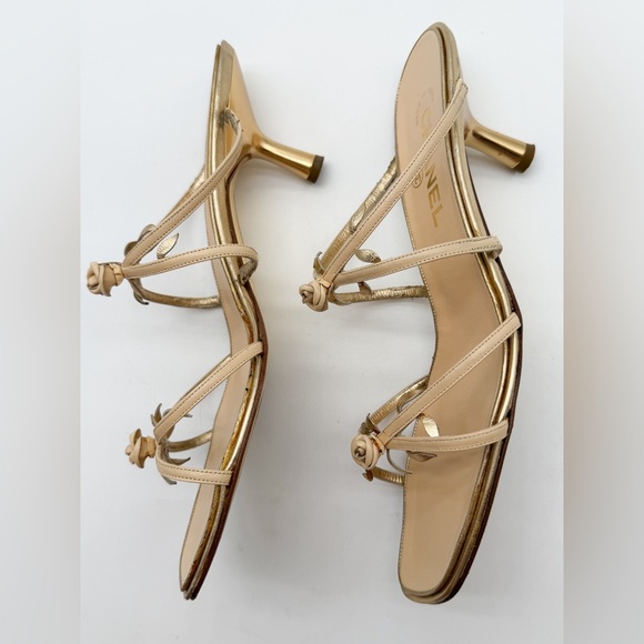 Chanel Vintage 2001 Rosebuds Strap Sandal Beige & Gold Leather Kitten Heel EU 39 - Picture 10 of 15